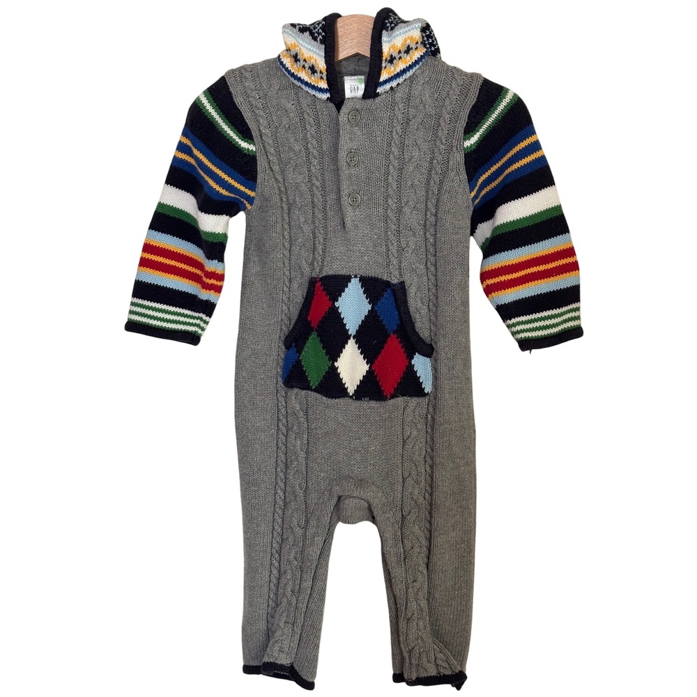 Baby GAP Knit Romper 9M Jumpsuit Sweater Gray Multi Color Argyle Pocket Knit EUC